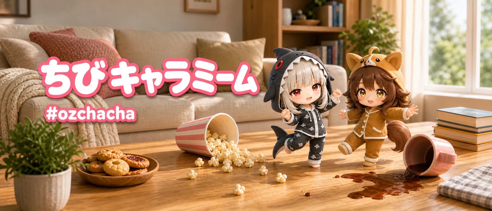実写の日常風景で遊ぶサメと犬のちびキャラミーム